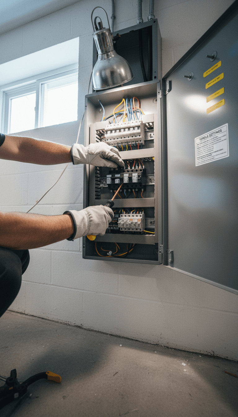 Electrician installing a circuit breaker in an electrical panel