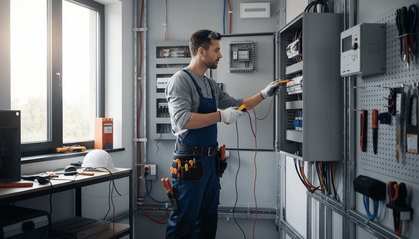 Electrician inspecting a residential electrical panel in Toronto