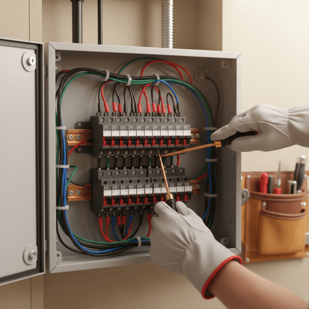 Electrician installing a new circuit breaker in a residential panel
