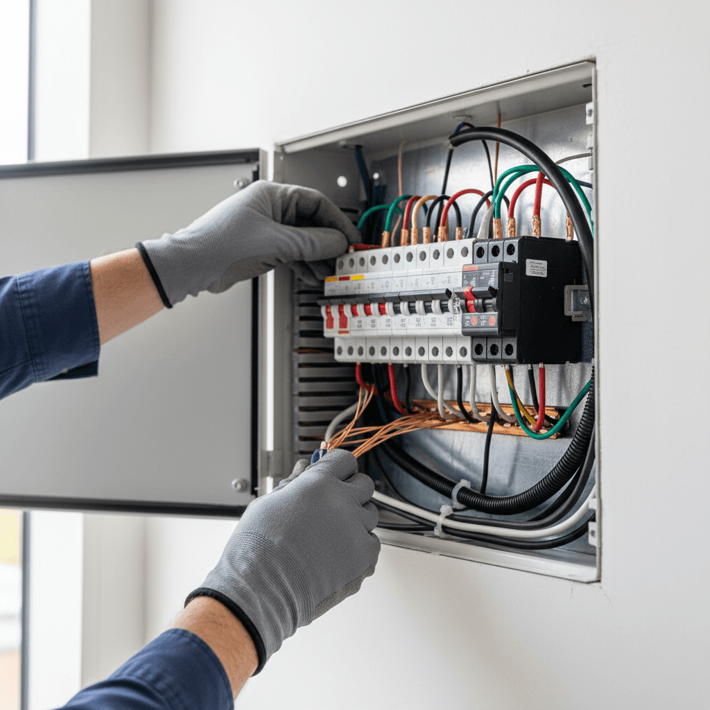 Electrician working on a breaker panel