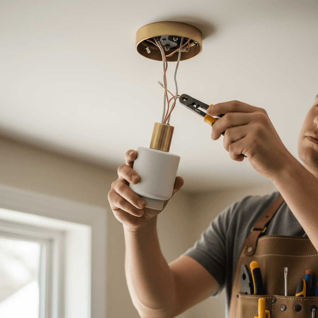 Electrician installing a light fixture