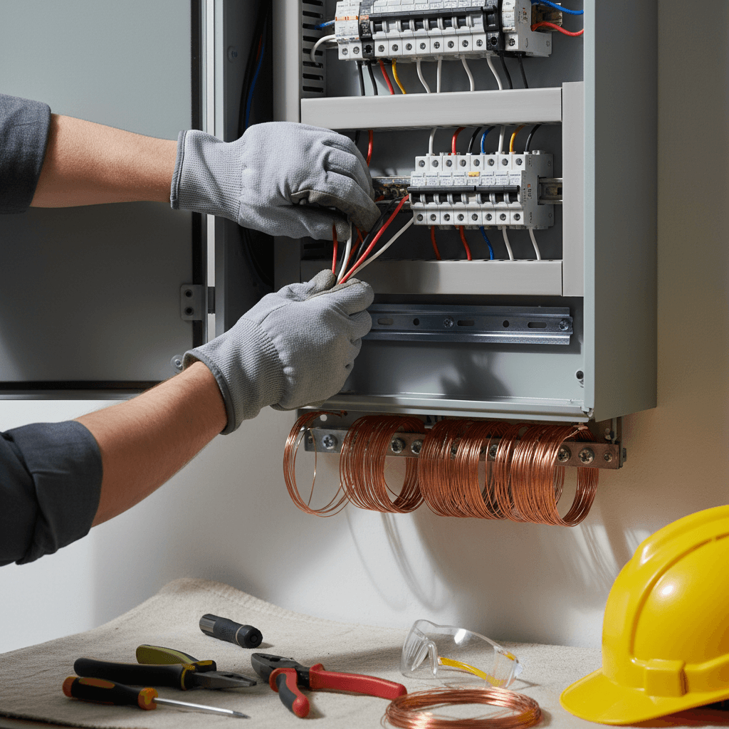 Electrician working on an electrical panel